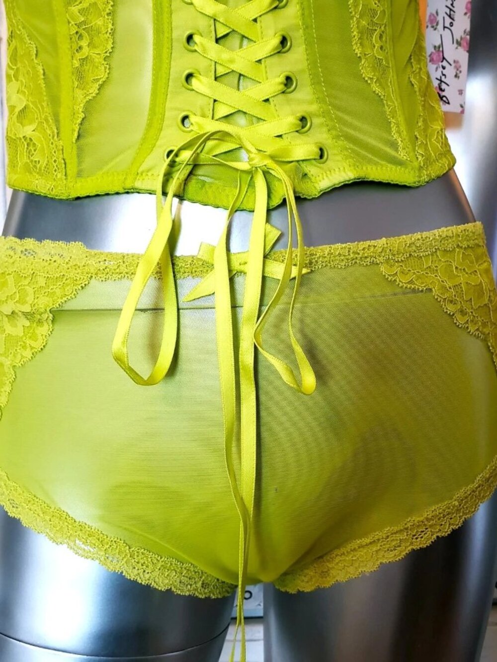 Betsey Johnson Corset Dress Top Panties Lingerie Set Green Lace Mesh Butterfly S - Picture 13 of 16